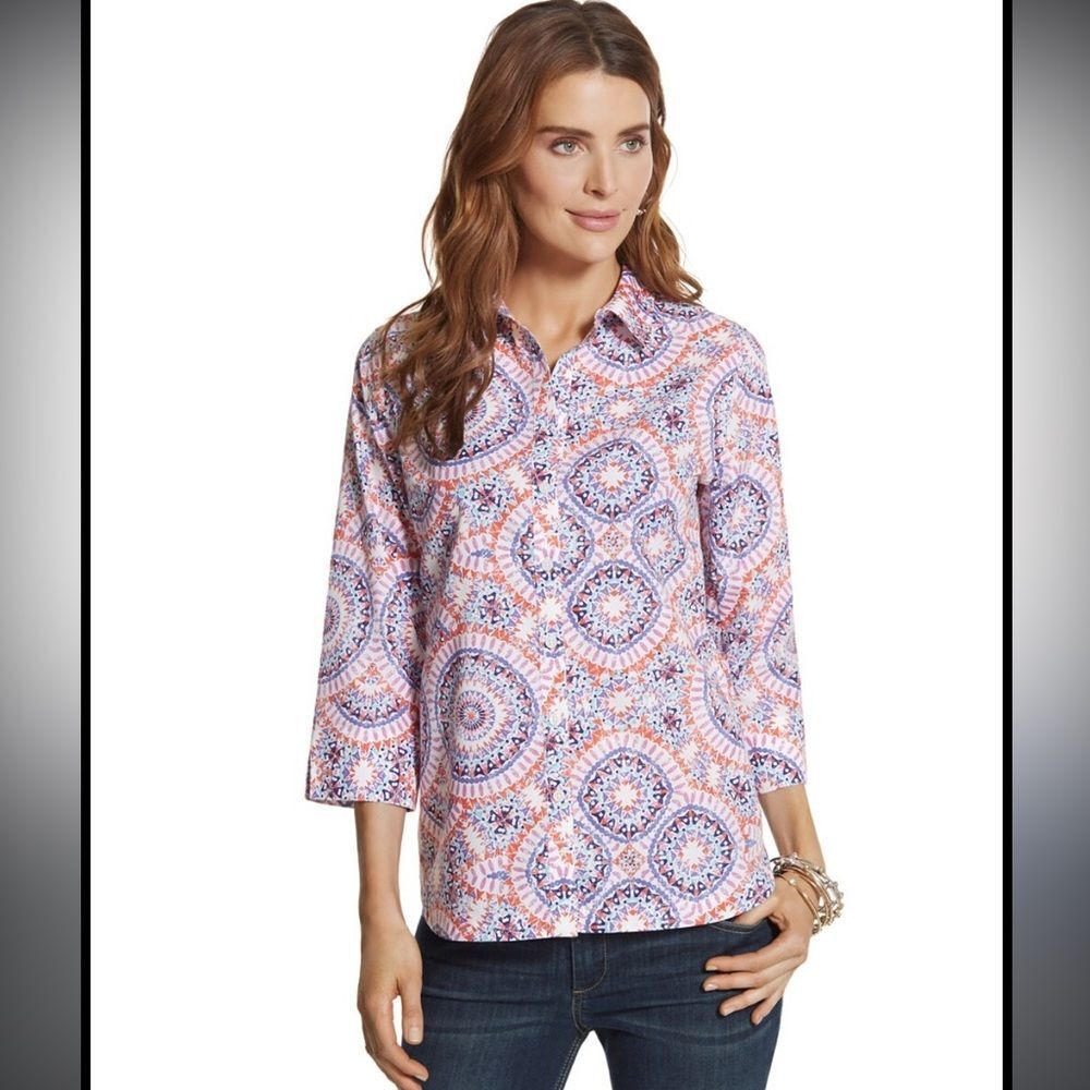 Chicos Effortless ‘Danise’ Sunburst Button-Down 3/4 sleeve cotton blouse medium